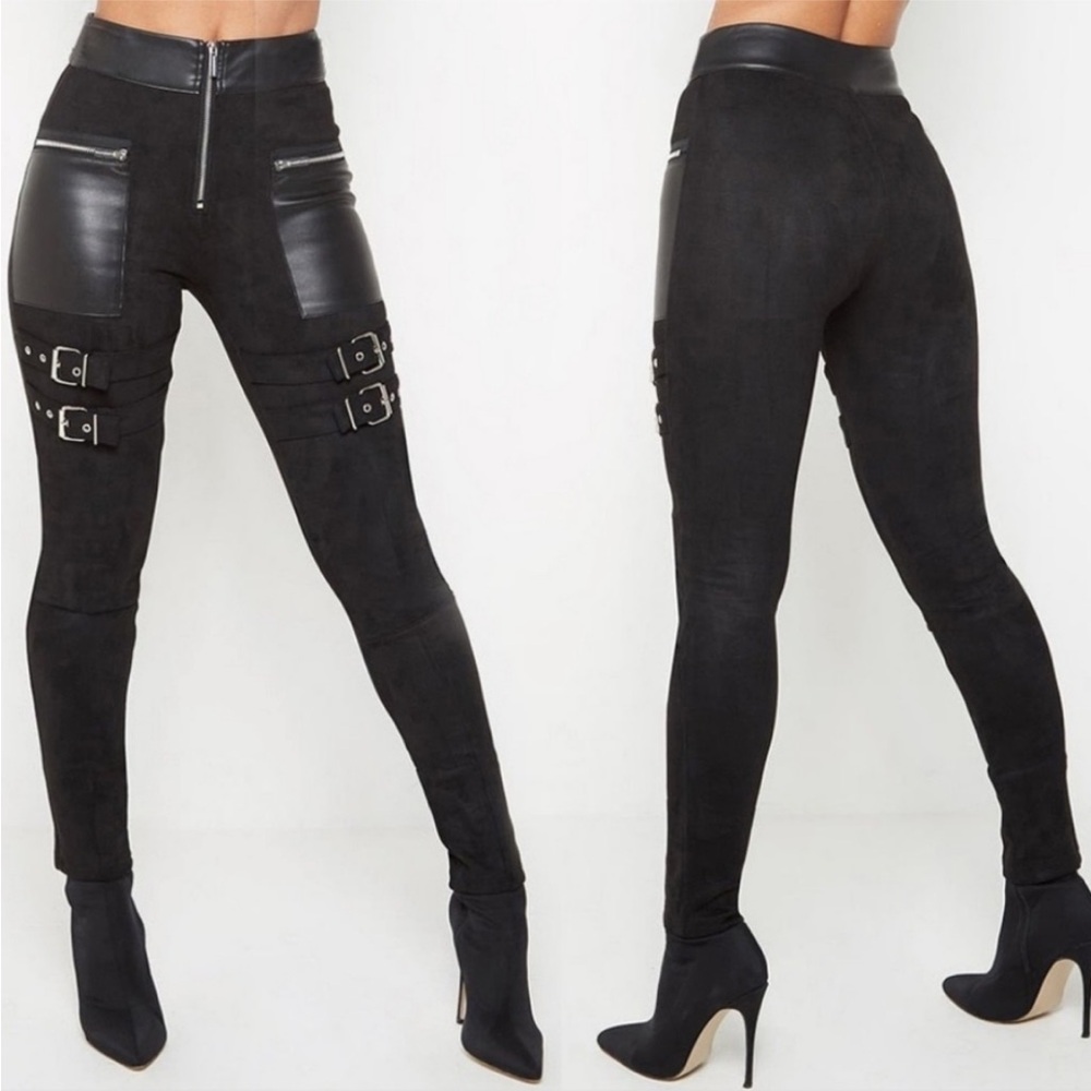 Maniere De Voir Cyberpunk Vegan Suede Buckle Straps Leggings Pants UK 12 / US‎ 8